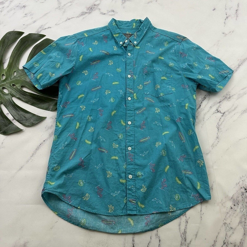 Brooklyn Cloth Mens Hawaiian Shirt Size L Blue Neon Sign Beach Print Flamingo